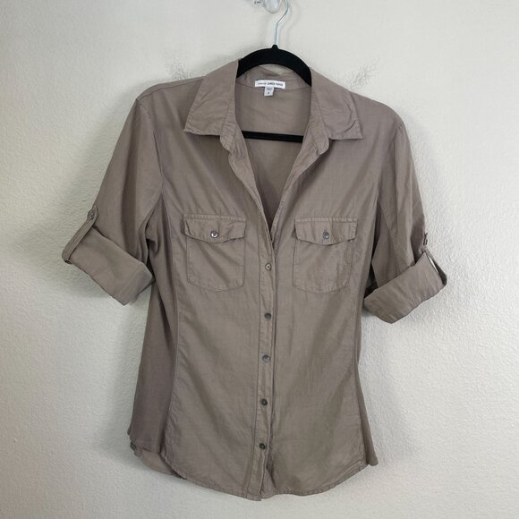 James Perse 4 Womens XL Button Up Side Panel Shirt 100% Pima Cotton Tan Blouse - Picture 1 of 9